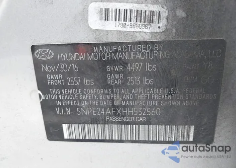 2017 Hyundai Sonata z USA, uszkodzony, nr VIN 5NPE24AFXHH532560